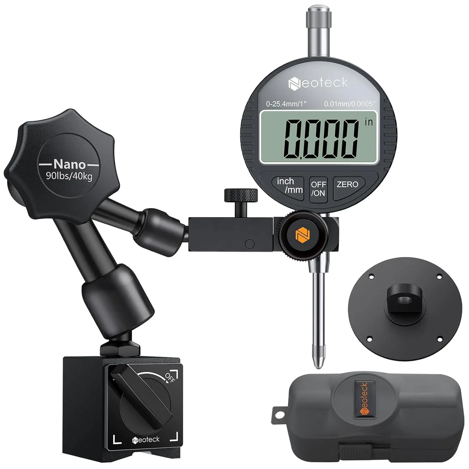 

Neoteck 1"/25.4mm Digital Indicator with Magnetic Base,Storage Case,Max 90lbs Pull,Ideal for 3D Printer,Lathe,CNC,Saw - Black