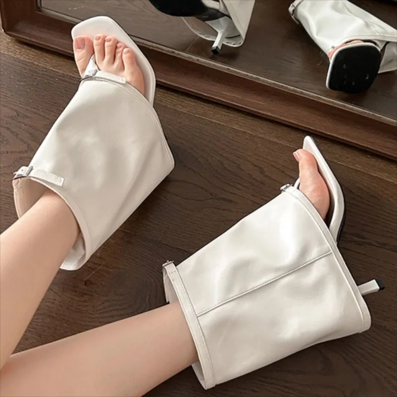 Sepatu Bot Wanita Musim Panas Model Pinch Toe, Sepatu Bot Desainer Model Celana Kulit Berkualitas Tinggi, Sepatu Bot Musim Panas Hak Tinggi Model Open Toe