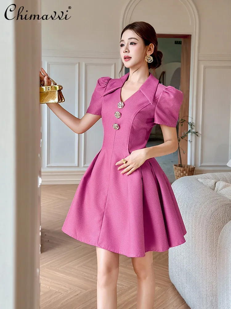 

2026 Summer New French Elegant Socialite V-neck Puff Sleeve Party Dress High Waist A-line Sweet Pink Short Dresses for Women