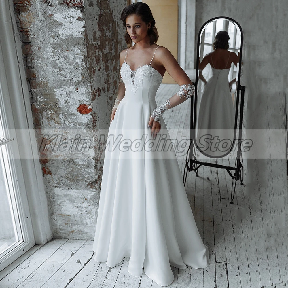 Customized Weilinsha Simple A-Line Spaghetti Straps Jersey Wedding Dress Elegan Sweetheart Appliques Detachable Sleeves Bridal G