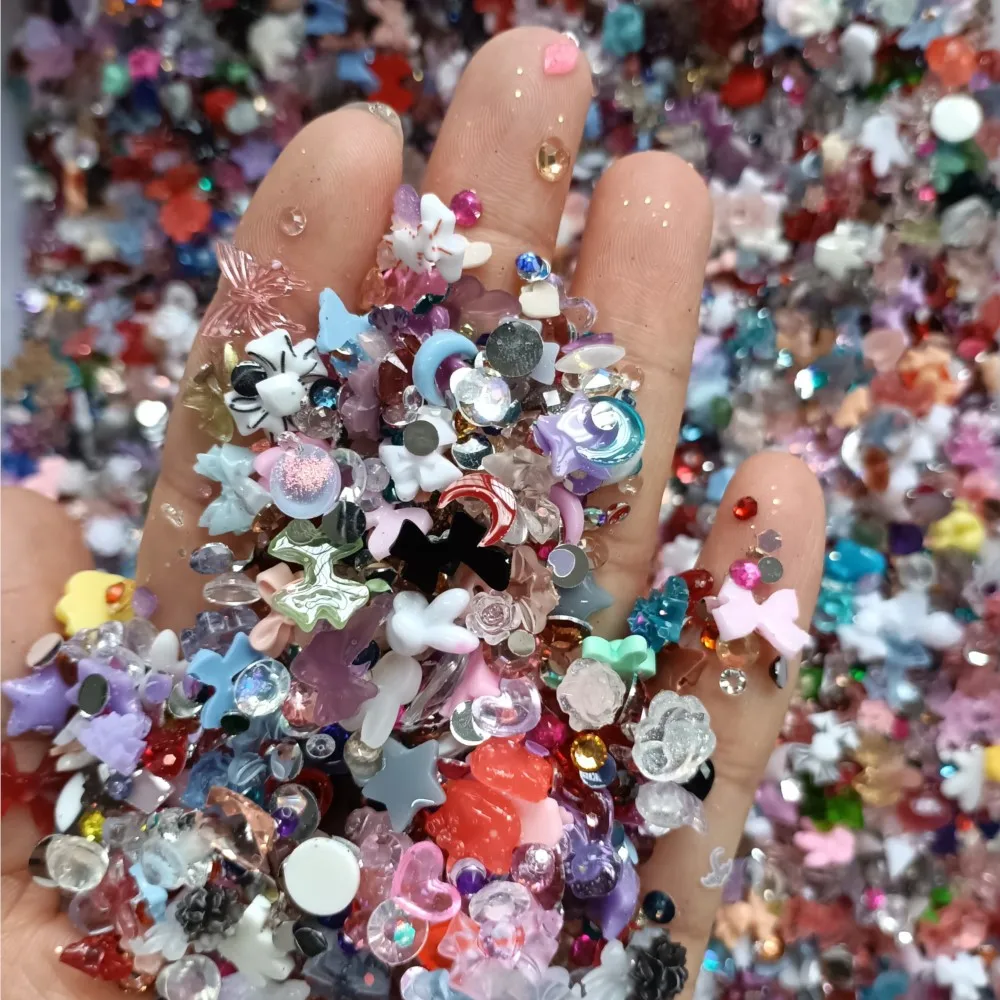 600pcs Mix Flower/Moon/Bear Rhinestones Nail Decoration Resin Kawaii Cartoon Bowknot Nail Charms Y2K Manicure Parts Accessories