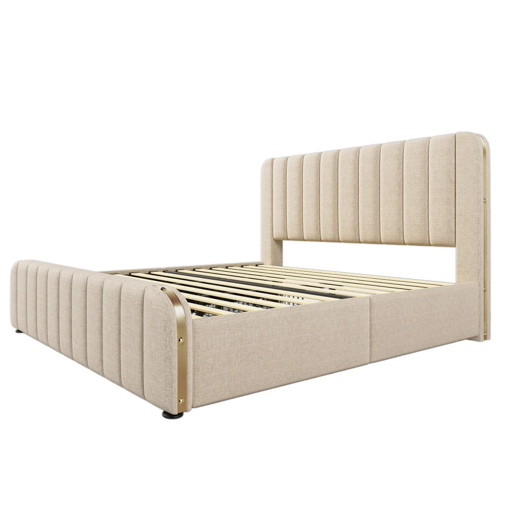 PINGGO Gepolstertes Doppelbett 180x200cm Beige Leinen-Kopfteil Goldene Dekorative Streifen USB Typ-C-Ladefunktion 4 Schubladen Ohne Matratze – Detail 11