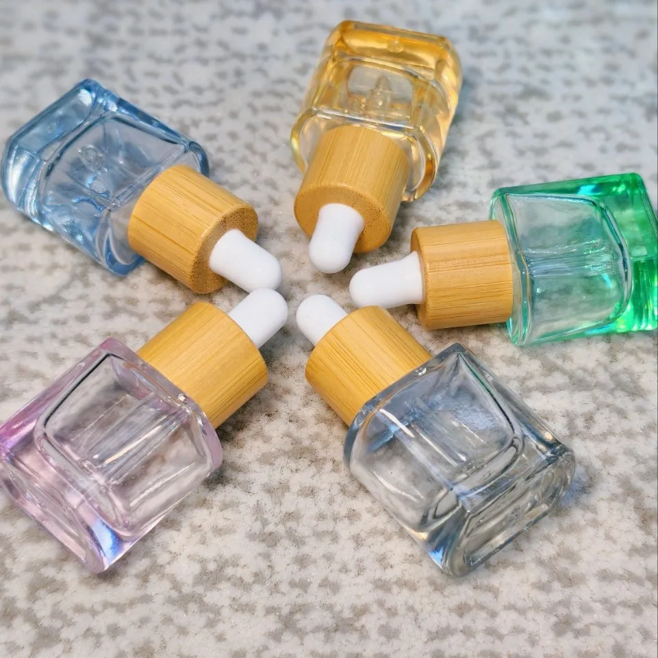 Colorful Glass Dropper Bottle with Bamboo Lid for Essential Oil Makeup Remover Liquid for Essential Oil Serum Liquid