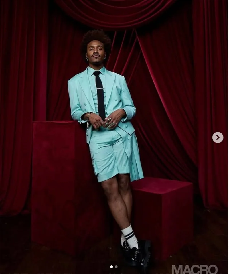 

Blue Men Suits Set 2 Pieces Blazer+Short Pants Trousers Summer Wedding Tuxedos Jacket Formal Single Breasted Office Coat