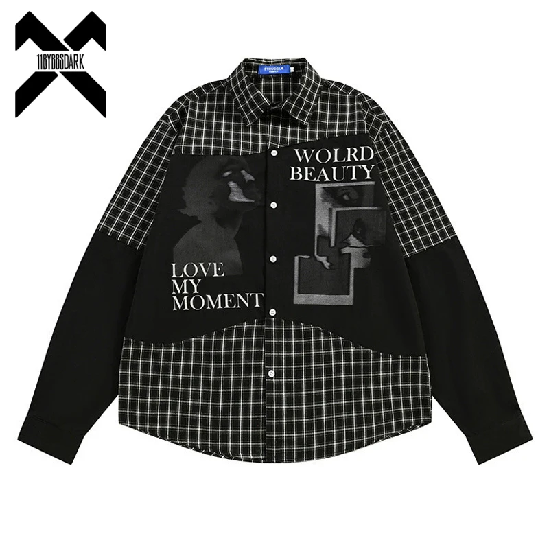 Men's Autumn Irregular Patchwork Plaid Shirt Hip Hop Trendy Printed Long Sleeve Loose Fit Casual Button Top
