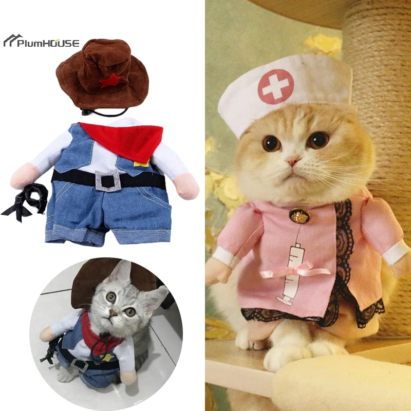 Funny Pet Dog Cat Costume Cowboy Jeans Hoodie Shirts Creative Halloween Cosplay Clothing Jumpsuit Puppy Kitten Clothes