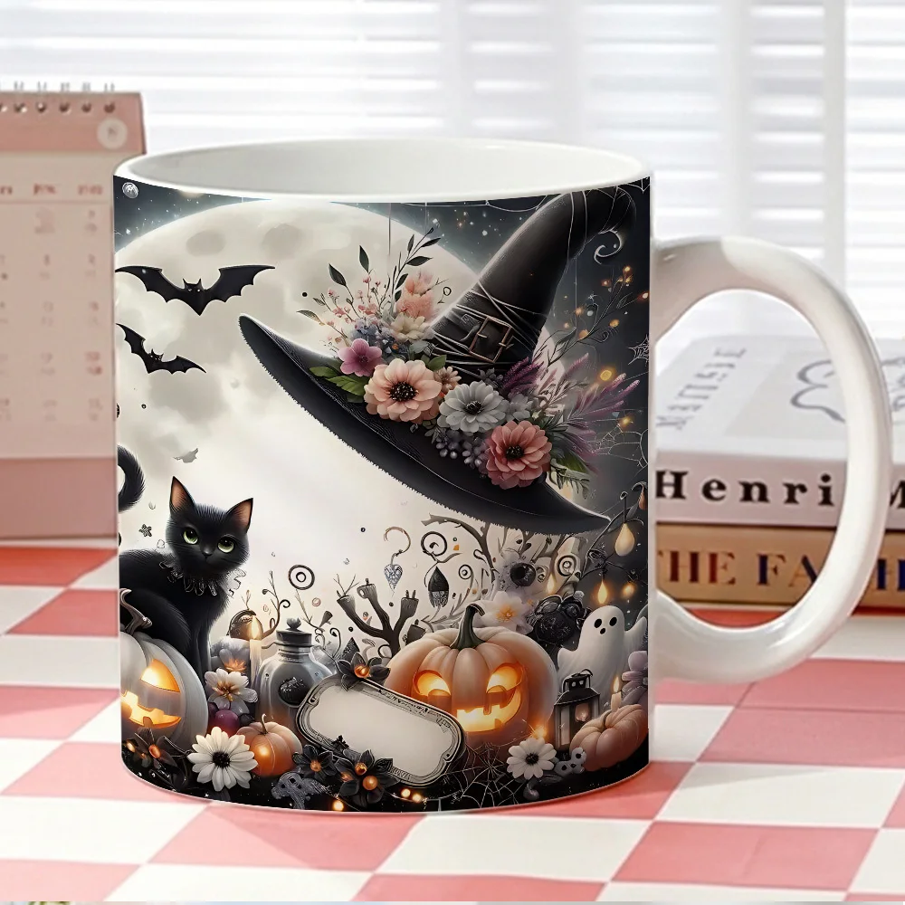 1pc, Halloween Party Decoration Gift for Adult Home Office Use Coffee Mug, Vintage Watercolor Black Cat Witch Hat Jack O Lantern Pattern Coffee Cup, Suitable for Halloween Holiday