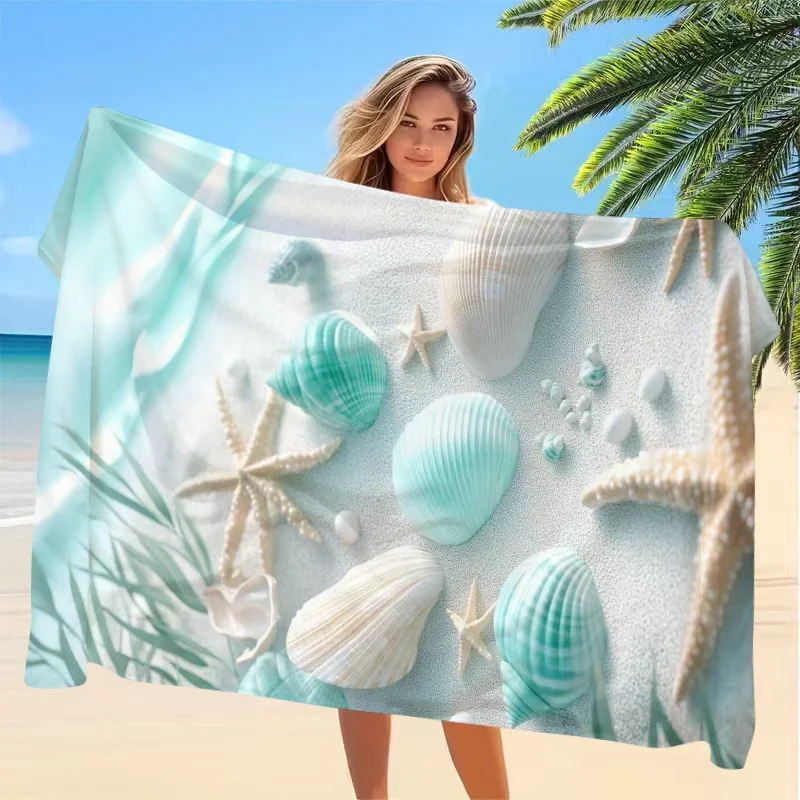 Newest Mint Green Seashell Starfish Print Microfiber Beach Towel Soft Summer Beach Pool Bath Towel