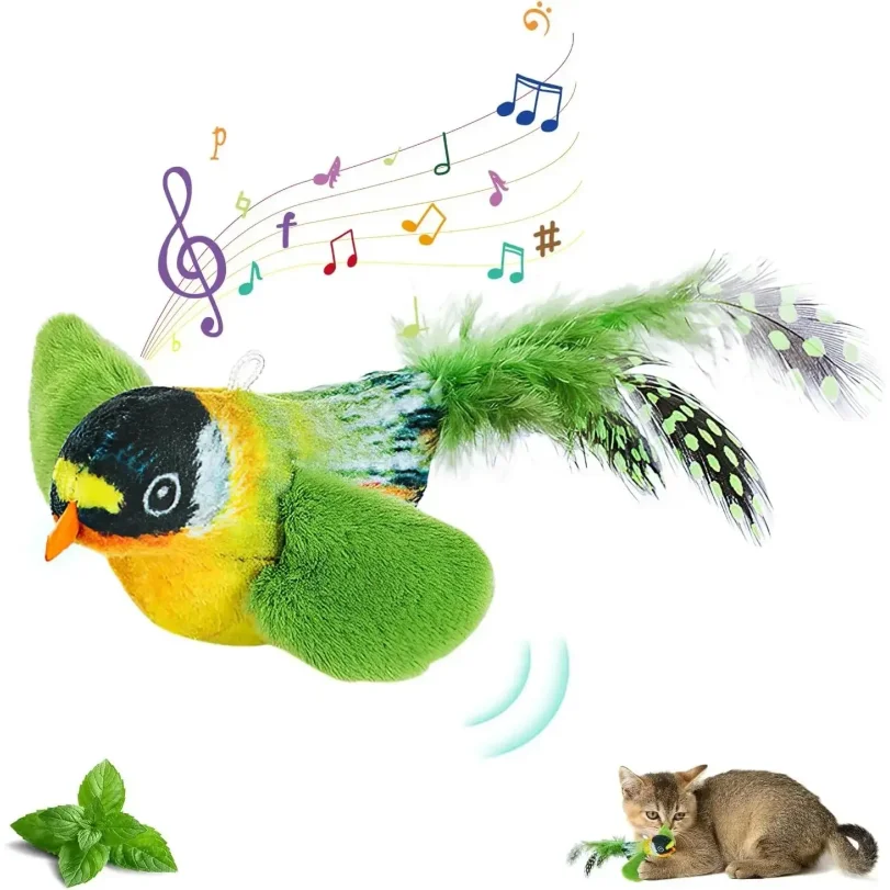 

The pet cat toy emulates the sound bird to amuse the cat elastic rope to relieve boredom and resist scratching and biting