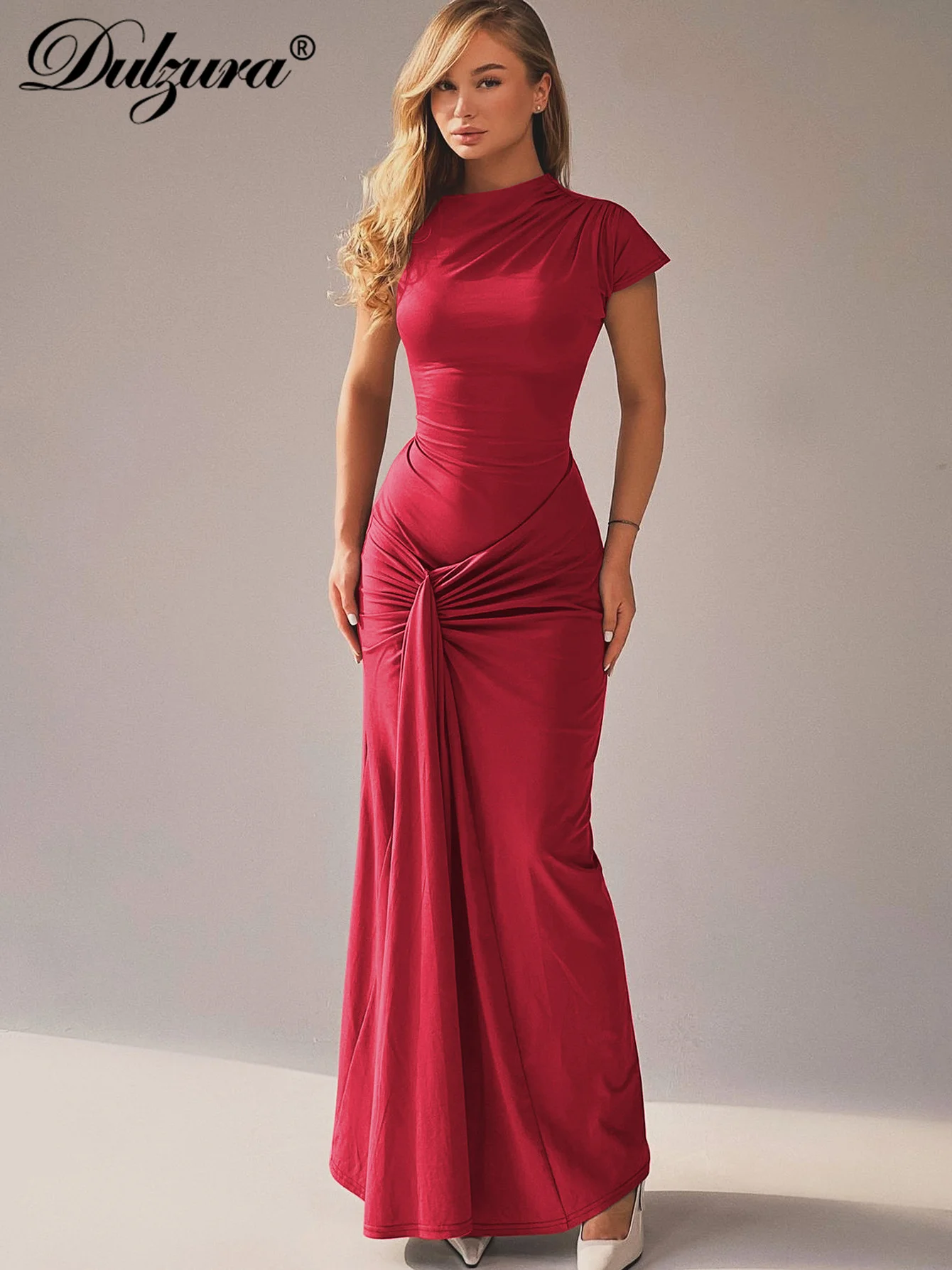 

Dulzura Skew Collar Short Sleeves Lace Up Ruched Tight Maxi Dress Solid Elegant Bodycon Outfit Party Club Streetwear Spring