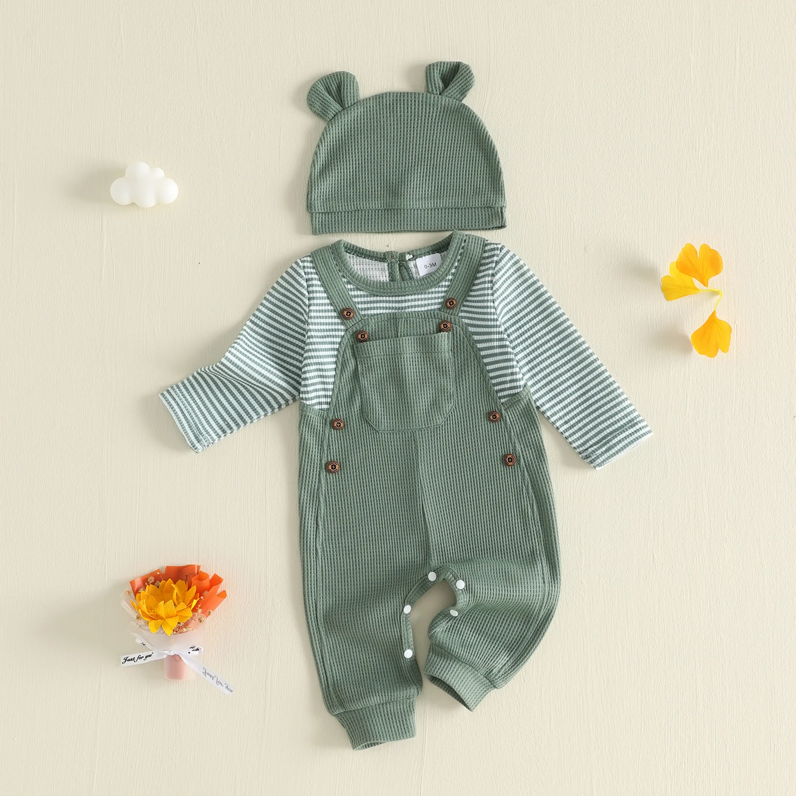 Cute Infant Newborn Baby Boys Fall Outfit Long Sleeve Patchwork Romper Stripe Long Sleeve Romper Jumpsuits Hat 2 Pcs Set