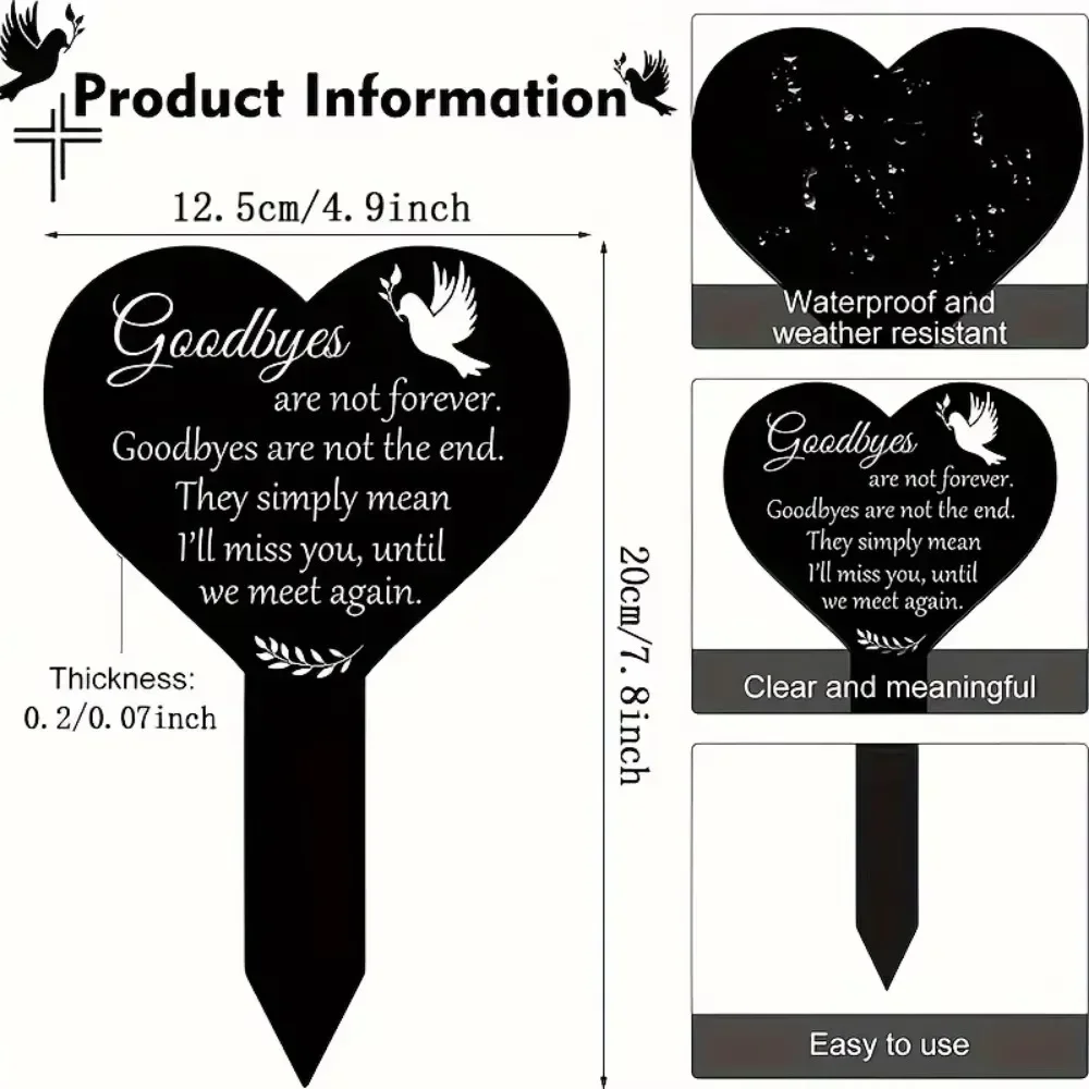 CIFBUY Memorial Garden Stake 2D Flat Black Metal Iron Heart Shaped Yard Decoration Outdoor Funeral Tribute Sympathy Gift