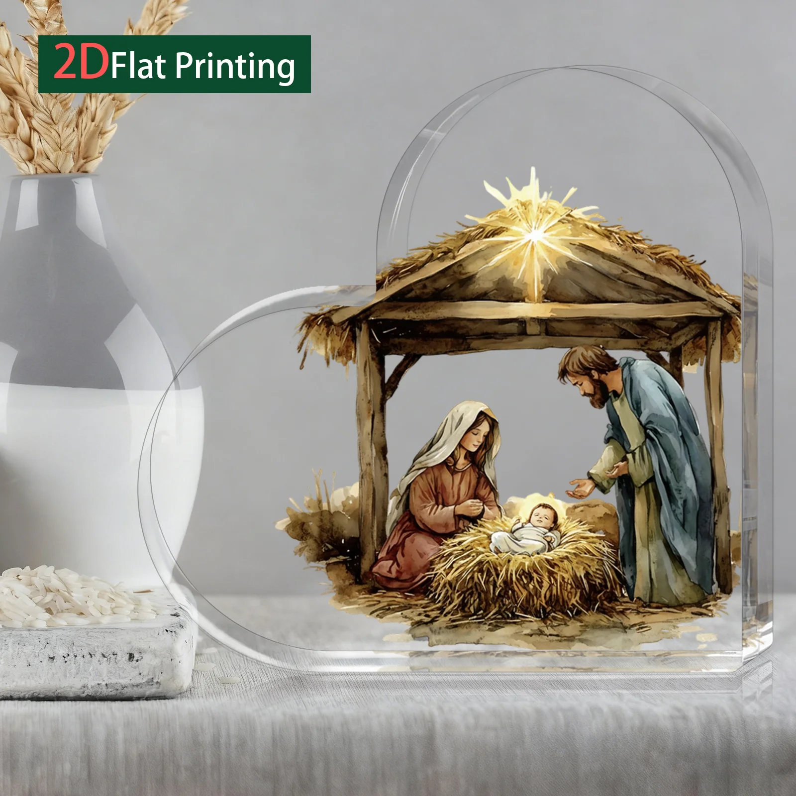 Acrylic Base Jesus Figurine, Heart-Shaped Nativity Scene Set, Religious Christmas Manger Decor, Battery-Free Tabletop Ornament