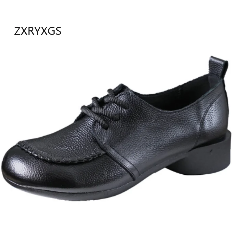 

Женские модные туфли ZXRYXGS в ретро-стиле из натуральной кожи, элегантные, удобные, на низком каблуке, с круглым носком, на шнуровке, новинка 2026 года