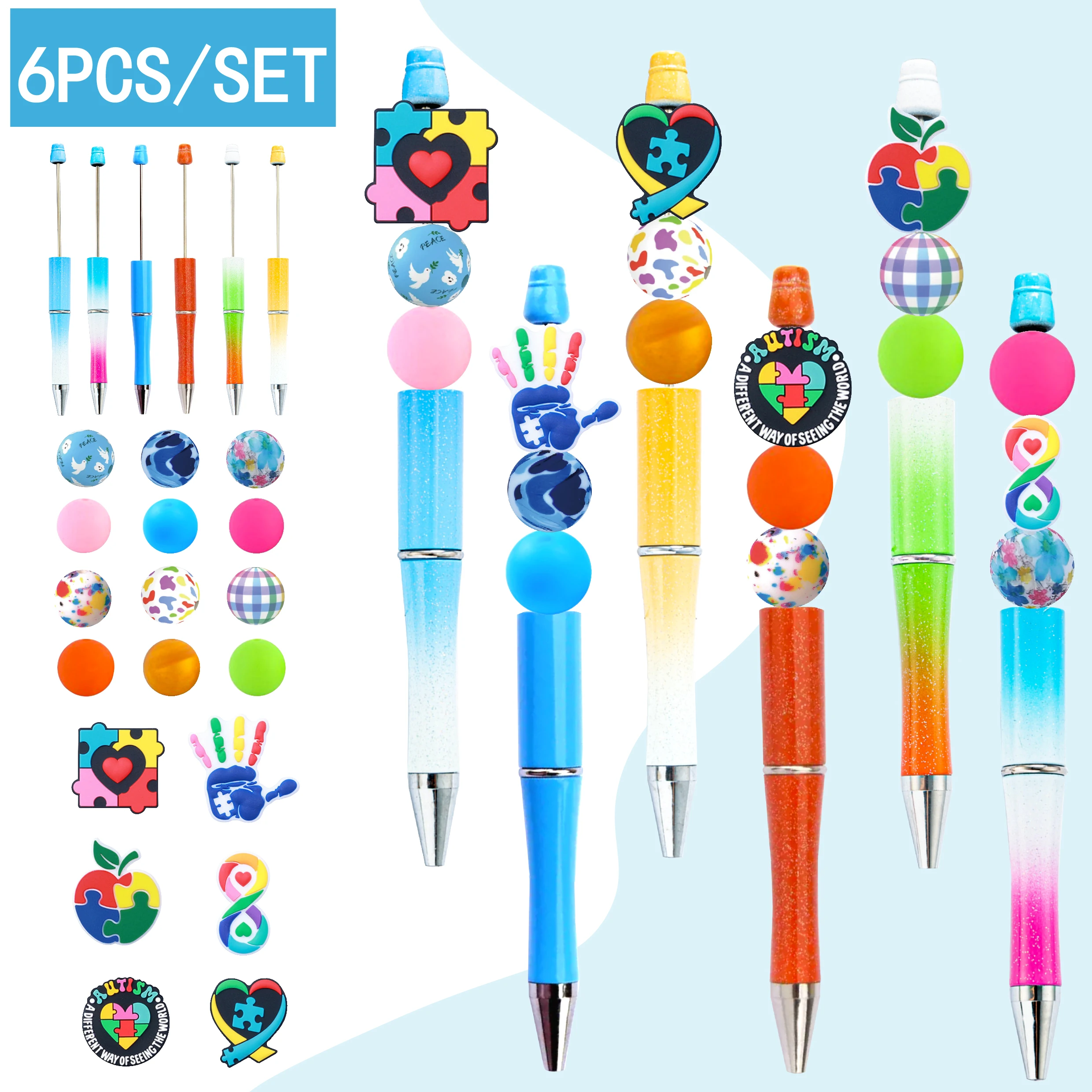 6PCS New Creative Care Autism Awareness Rainbow Puzzle Theme DIY Silicone Beads&Ballpoint Pen Set，Office&Study Supply