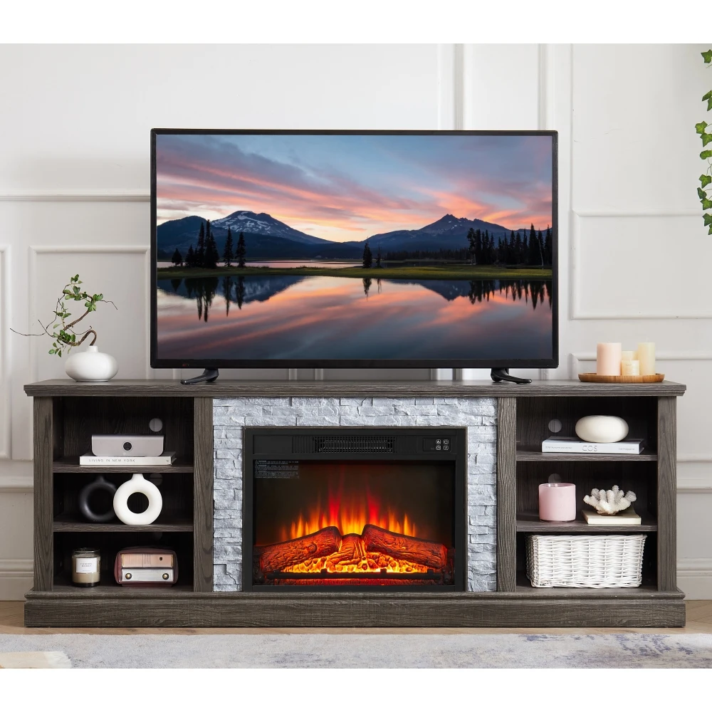 

TV Stand with 23" Fireplace Insert, TV Desk Storage Rack with Faux Stacked Stone Surround, Media Console Table with Cabinet