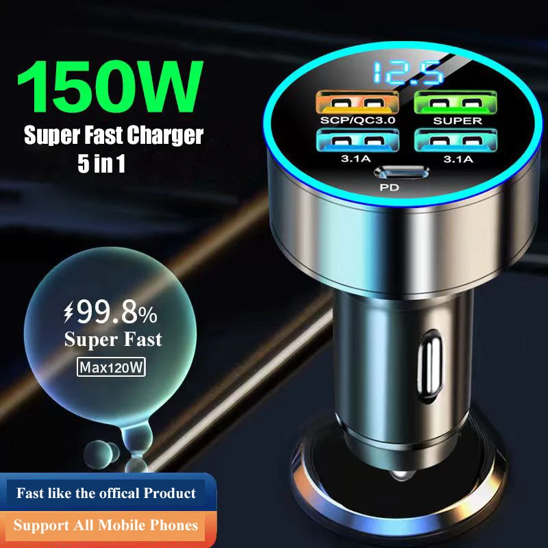 5 in 1 USB C Car Charger with Voltage Display Super Fast Charging Phone Adapter in Car for  iPhone 15 Pro Max 14 Samsung Huawei