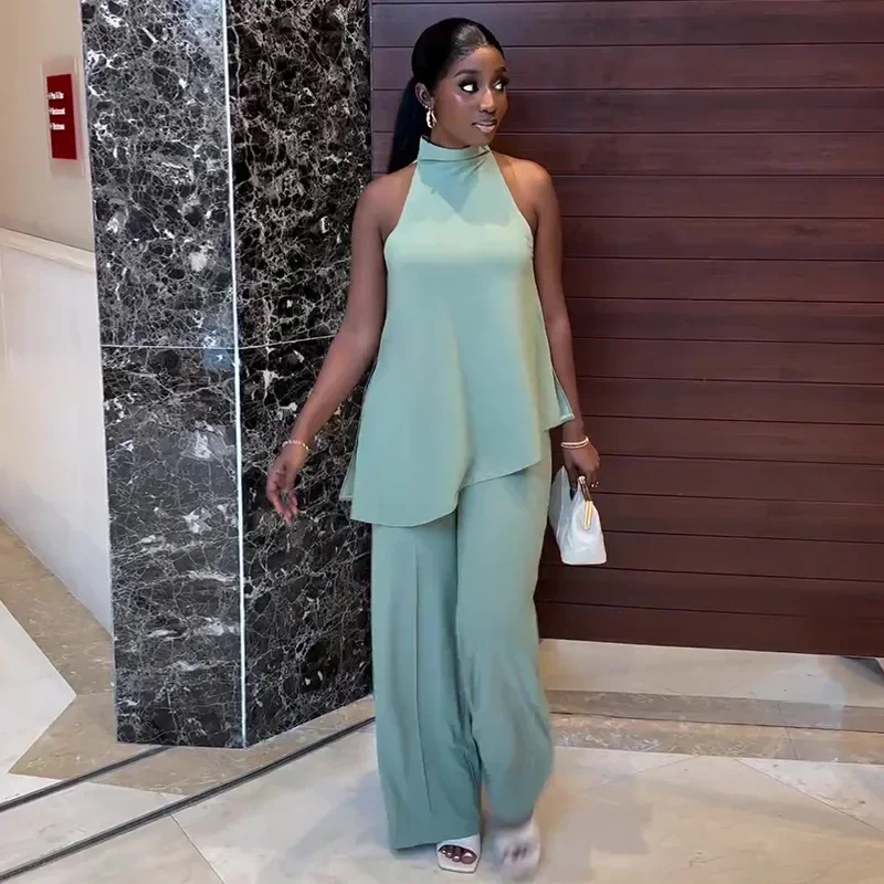 

Two Piece Pant Sets Casual Outfits Women Off Shoulder Irregular Top + Long Trousers Pants Suit Female Leisure Clothing