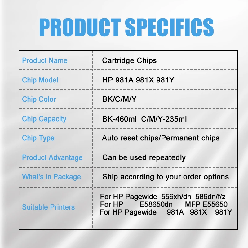 Imagem -03 - Chip de Cartucho para hp Chip Permanente Reutilizável 981x 981y 556xh 586dn E58650dn E55650 Hw.forever-ink