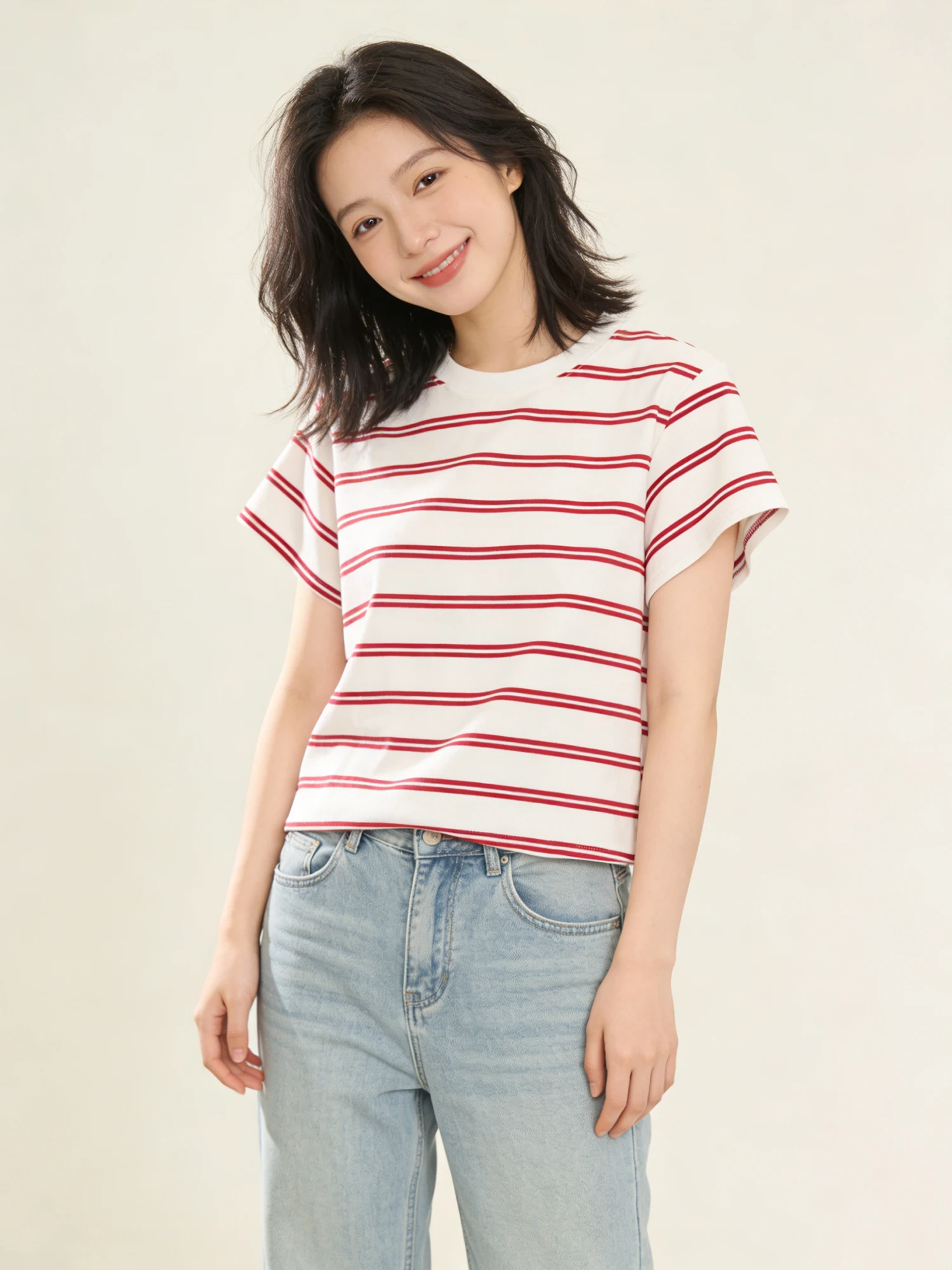 Naval Stripe Short Sleeve T-Shirt Women's Autumn New Style Slimming Top Commute Style Korean Version Standard Fit Cotton Blend