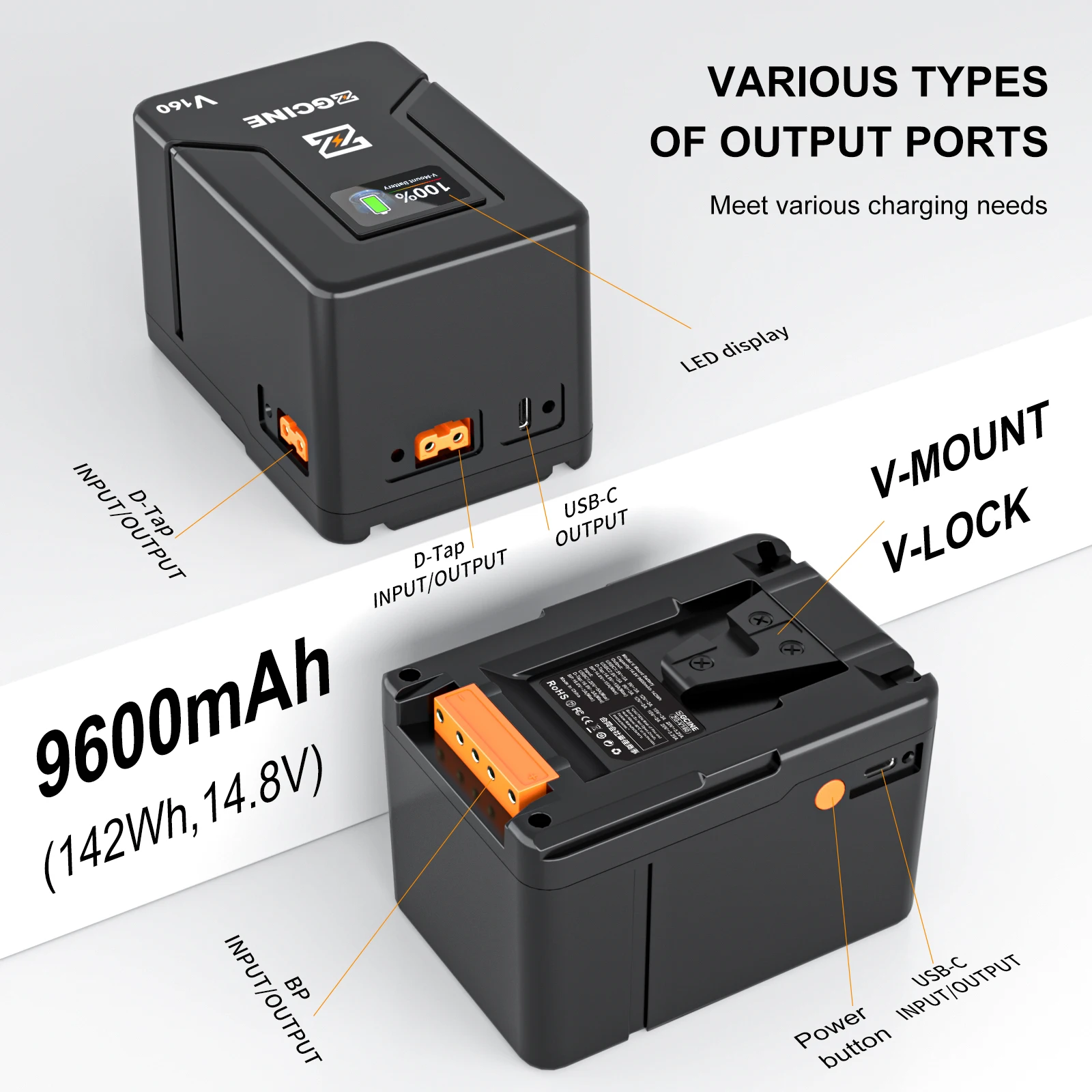 ZGCINE ZG-V160 فولت جبل بطارية 9600 مللي أمبير قوة البنك 14.8 فولت فولت قفل الخامس شكل بطارية ليثيوم أيون PD شحن سريع للكاميرا DSLR