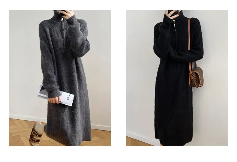 2024 Autumn Winter Long Sweater Dress Women Staight Knitting Dress Polo Neck Dress Female Sweater Autumn Warm Female F300