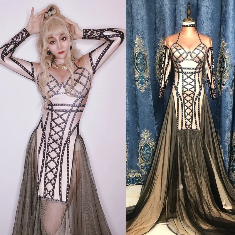 

Sexy Black Mesh Train Evening Dresses Silver Rhinestone Dress Women Birthday Celebrate Dance Costumes Stage Show Outfits XS5289