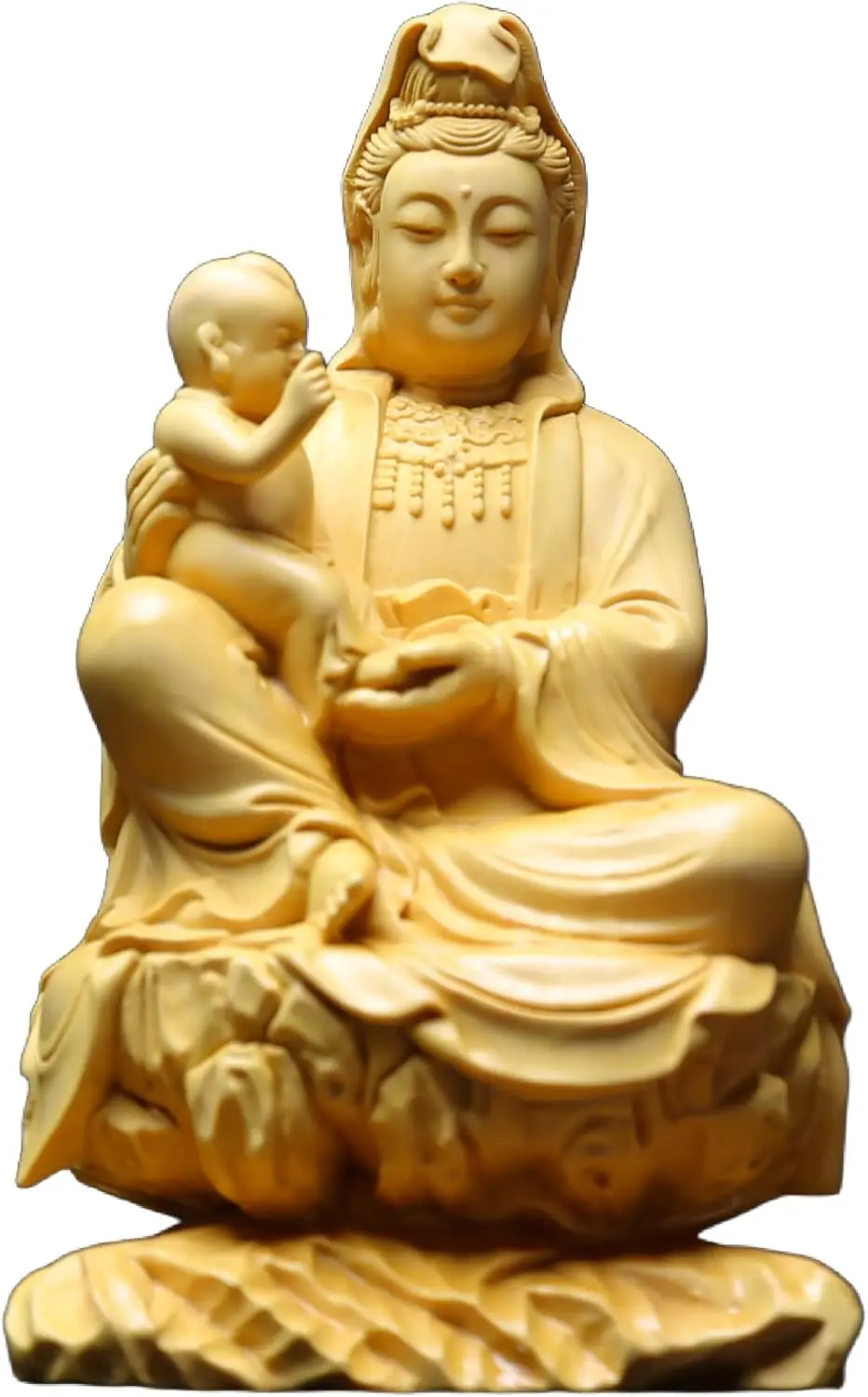 Handcrafted Boxwood Child-Giving Guanyin Statue Wooden Kuan Yin Sculpture, Goddess of Mercy and Fertility, Home Decor,