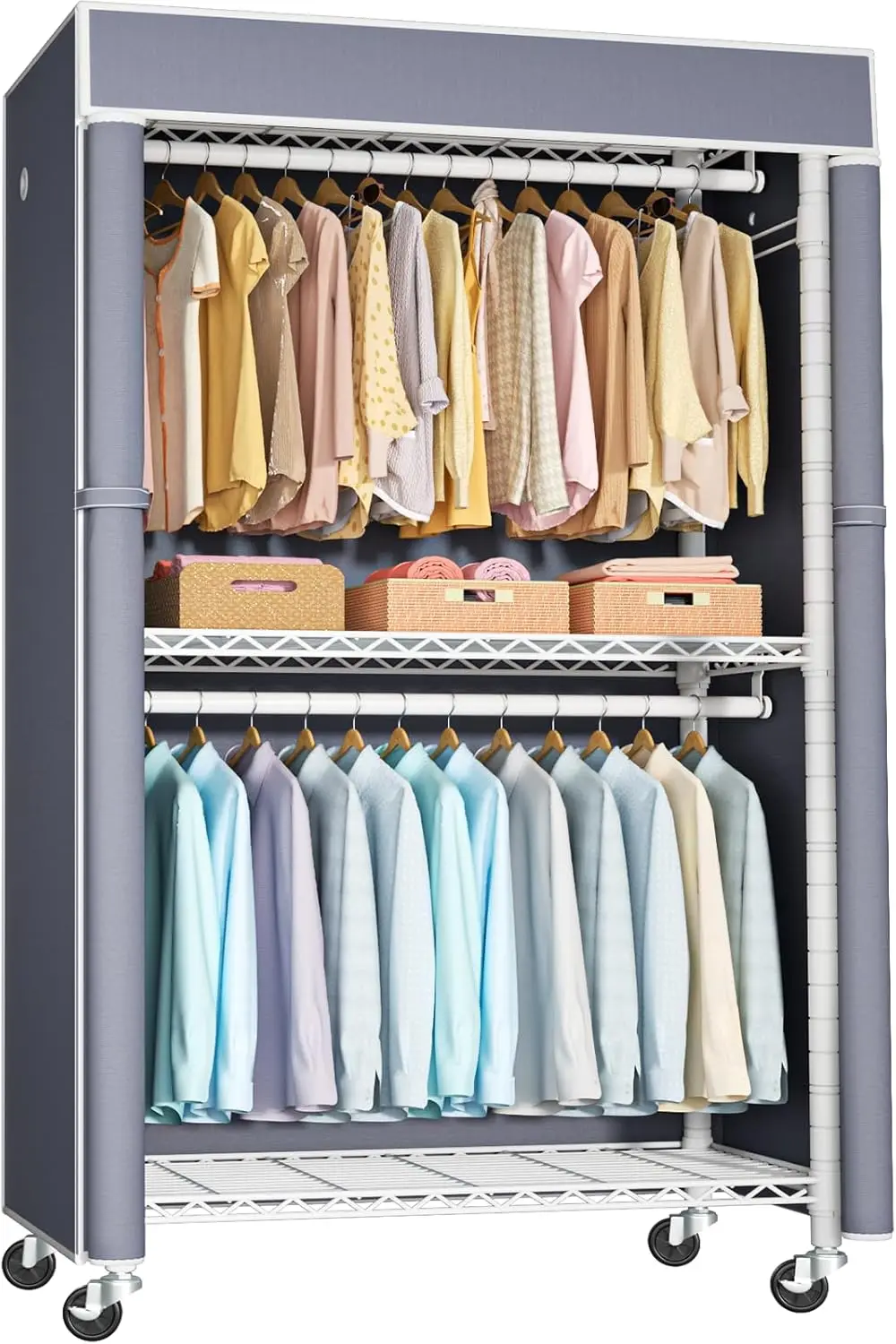 White Clothing Rack With Grey Cover, P1C Rolling Closet Rack With Wheels, Metal Garment Rack For Hanging Clothes, Clothing