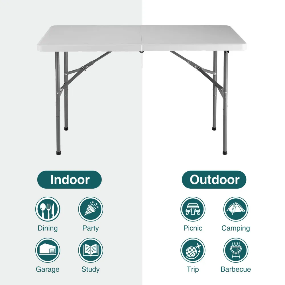 4ft Folding Table Outdoor Indoor Heavy Duty Portable Table with Carrying Handle for Camping Picnic Party