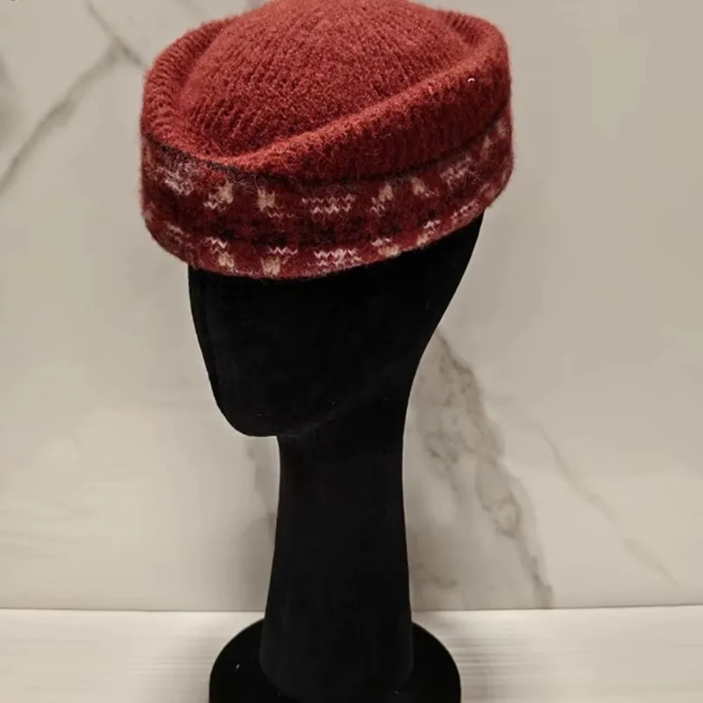 Vintage Fair Isle Pattern Stewardess Beret Hat Faux Fur Trim Winter Knit Pillbox Hat Jacquard Knit Fedora Hat Airline Uniform