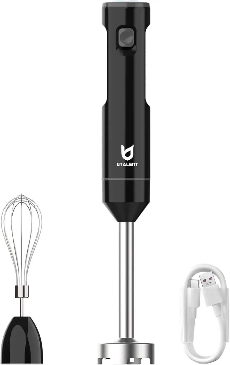 Rechargeable Cordless Hand Blender with Variable Speed, USB-C Charging, Egg Whisk for Smoothies and Soups - Black
