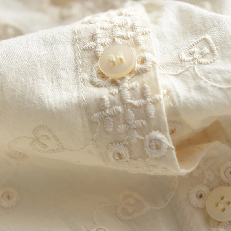 New 2025 Spring Cotton Long Sleeve Shirt, Women Turn-down Collar Embroidery, Mori Girl OL Vintage French Loose Blouse T54114CC