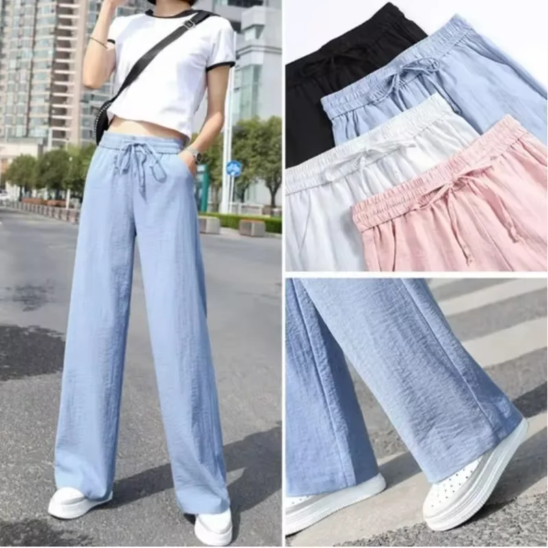 2024 Spring/Summer New Women\'s Korean Edition Wide Leg Pants with High Waist and Ice Silk Drop Feel Nine Point Straight Leg Pant