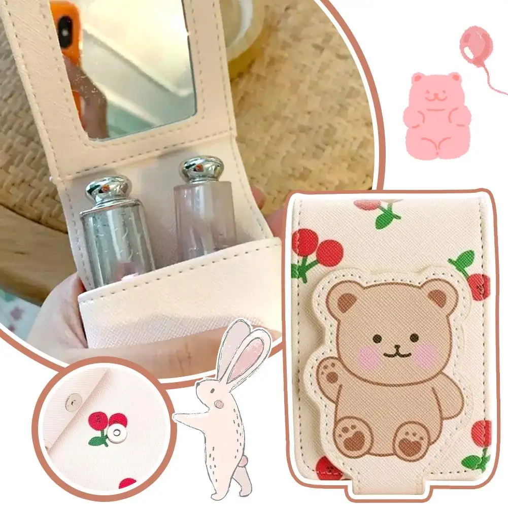 Bolsa de maquiagem portátil de viagem para mulheres, Little Teddy Lipstick Bags com tampa, Mini armazenamento de espelho de urso, saco cosmético, P3a6