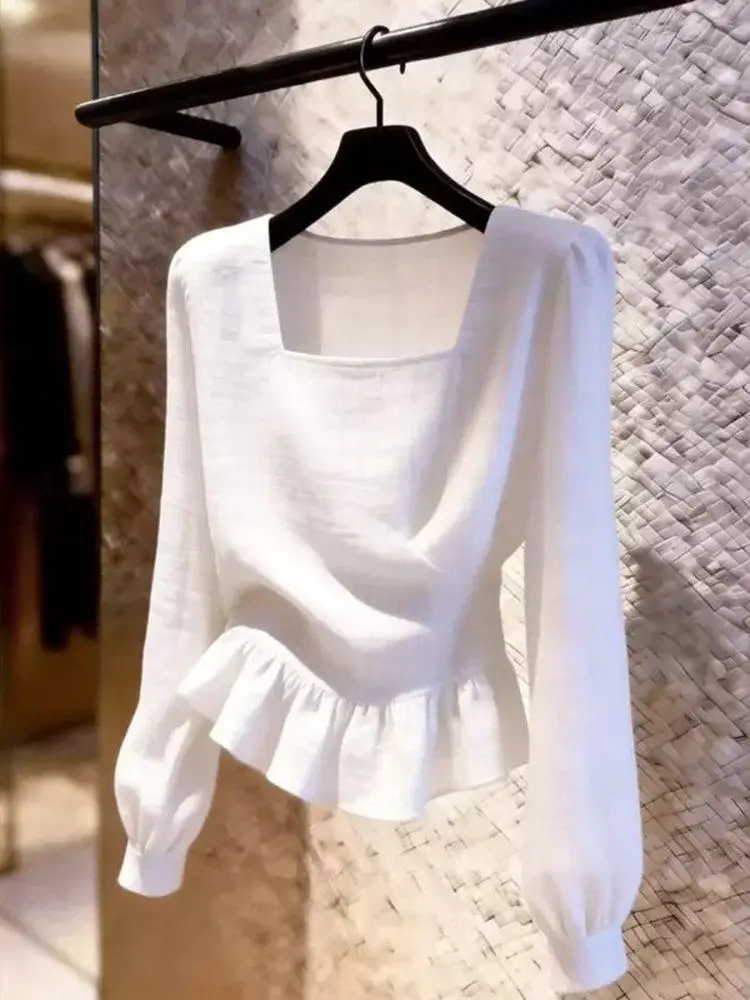 

Summer Slimming Long Sleeve Shirt Women's Minimalist White Square Collar Blouse Waist Cinched Lace Trim Gentle Style Polyeste...