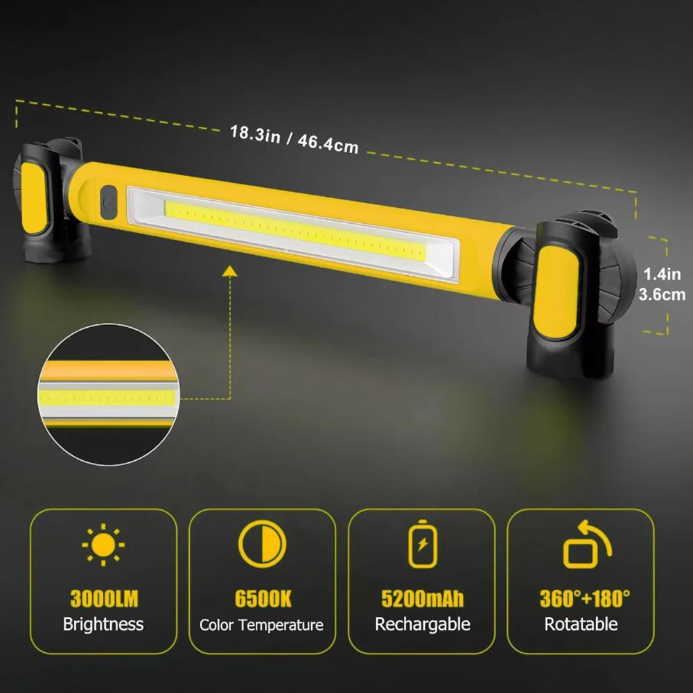 3000LM Magnetic LED Work Light - Rechargeable 5200mAh Cordless Light Bar With Hooks