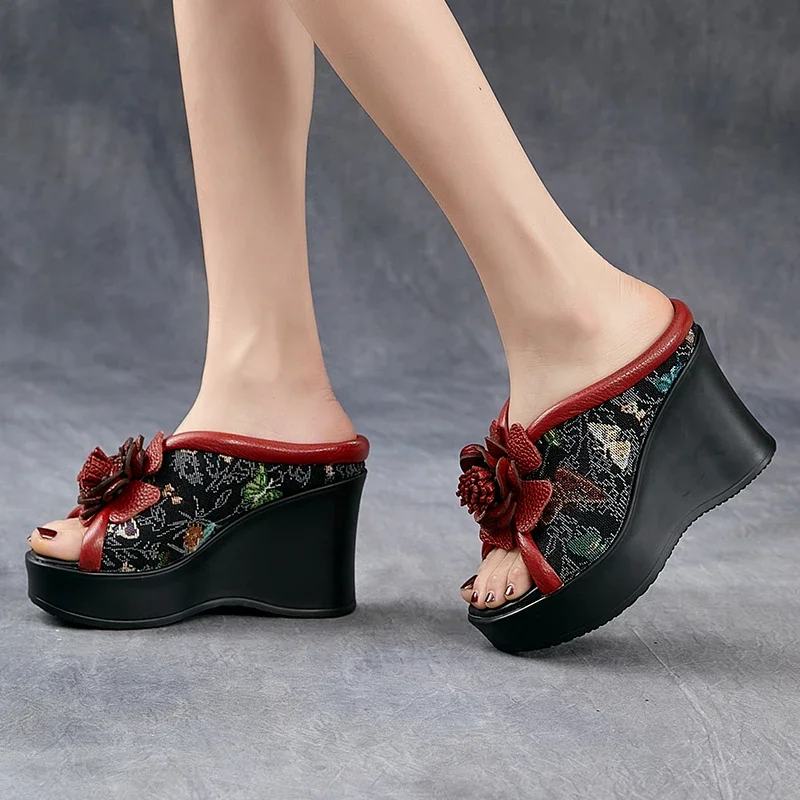 Koznoy 9cm Stretch Fabric Genuine Leather Summer Loafer British Platform Wedge Mary Jane Sandals Flower Women Moccasins Shoes