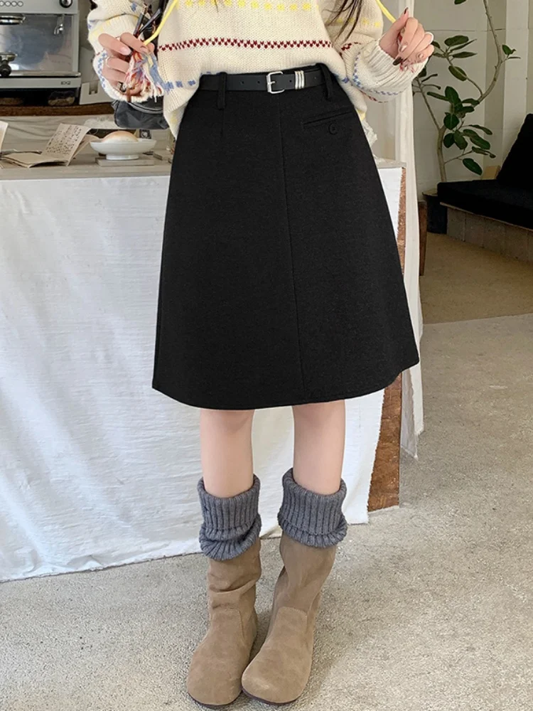 SMTHMA تنورة صوفية عصرية جديدة للخريف والشتاء عالية الخصر للتخسيس مع حزام