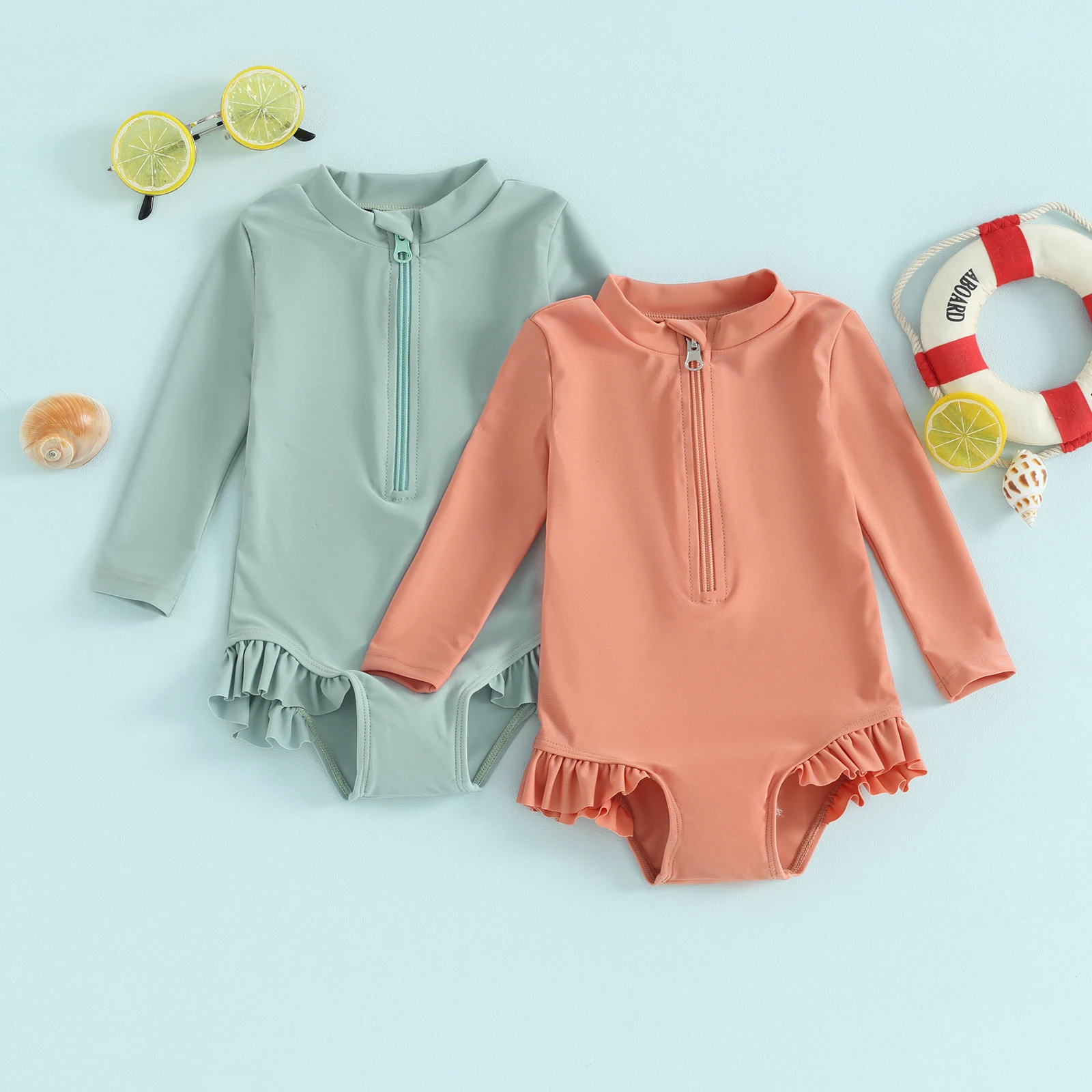 

Toddler Girls Rash Guard Swimsuit Rompers Long Sleeve Solid Color Ruffles Zipper Kids Bathing Suit Swimwear