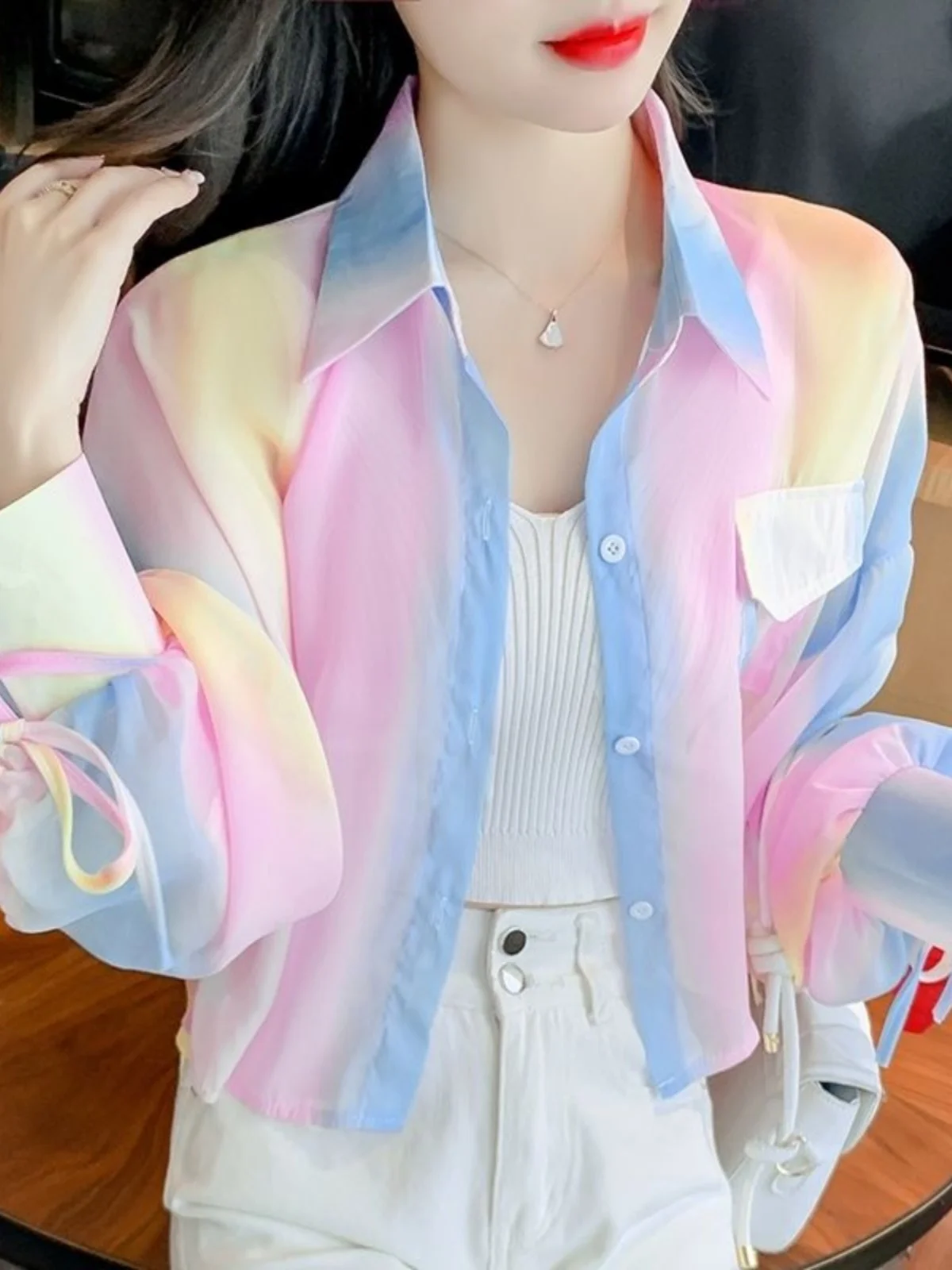 

Women's Summer 2024 New Loose Fit Lightweight Long Sleeve Breathable Sun Protection Shirt Rainbow Open Cardigan Short Coat