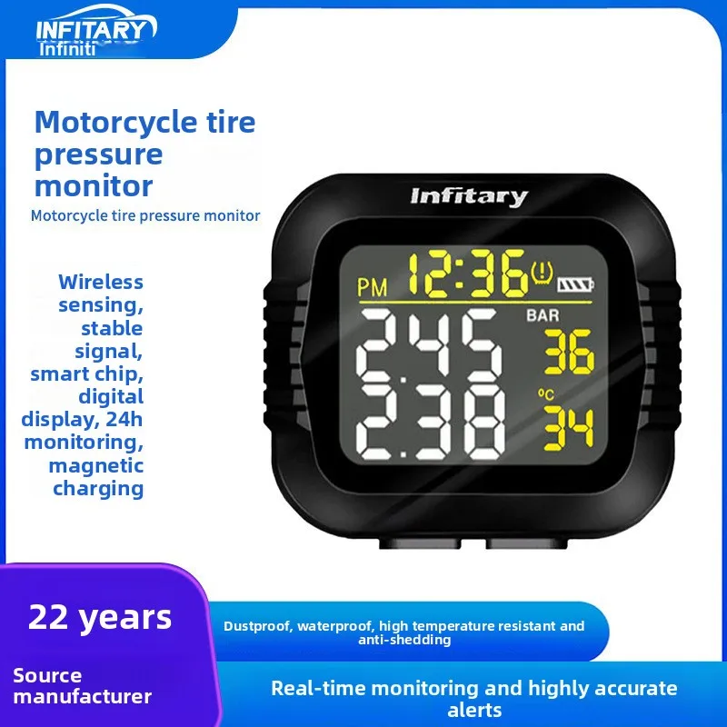 Wireless Motorcycle Tire Pressure Monitoring System with USB Charging Digital Display Real Time Alarm for Motorbike Scooter and