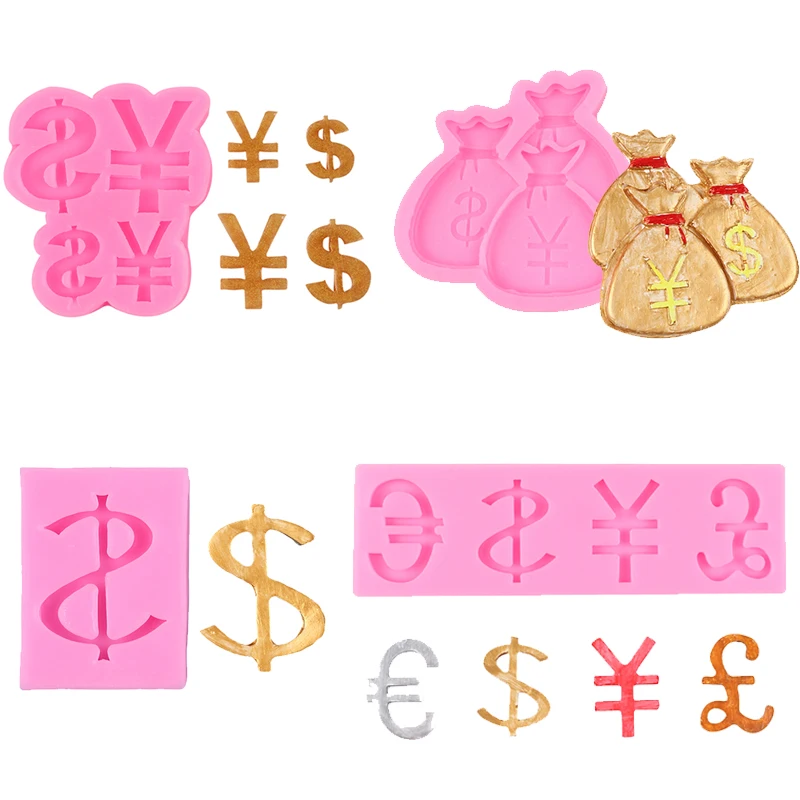 Money Symbo Silicone Mold Dollar RMB EUR GBP Money Bag Fondant Chocolate Candy Cookies Cupcake Toppr Cake Decoration Tools