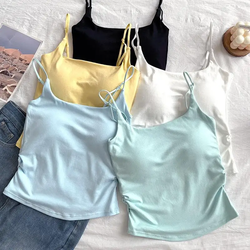 Colete feminino slim fit sem costas acolchoado alça espaguete camisola plissada espartilho regata curta