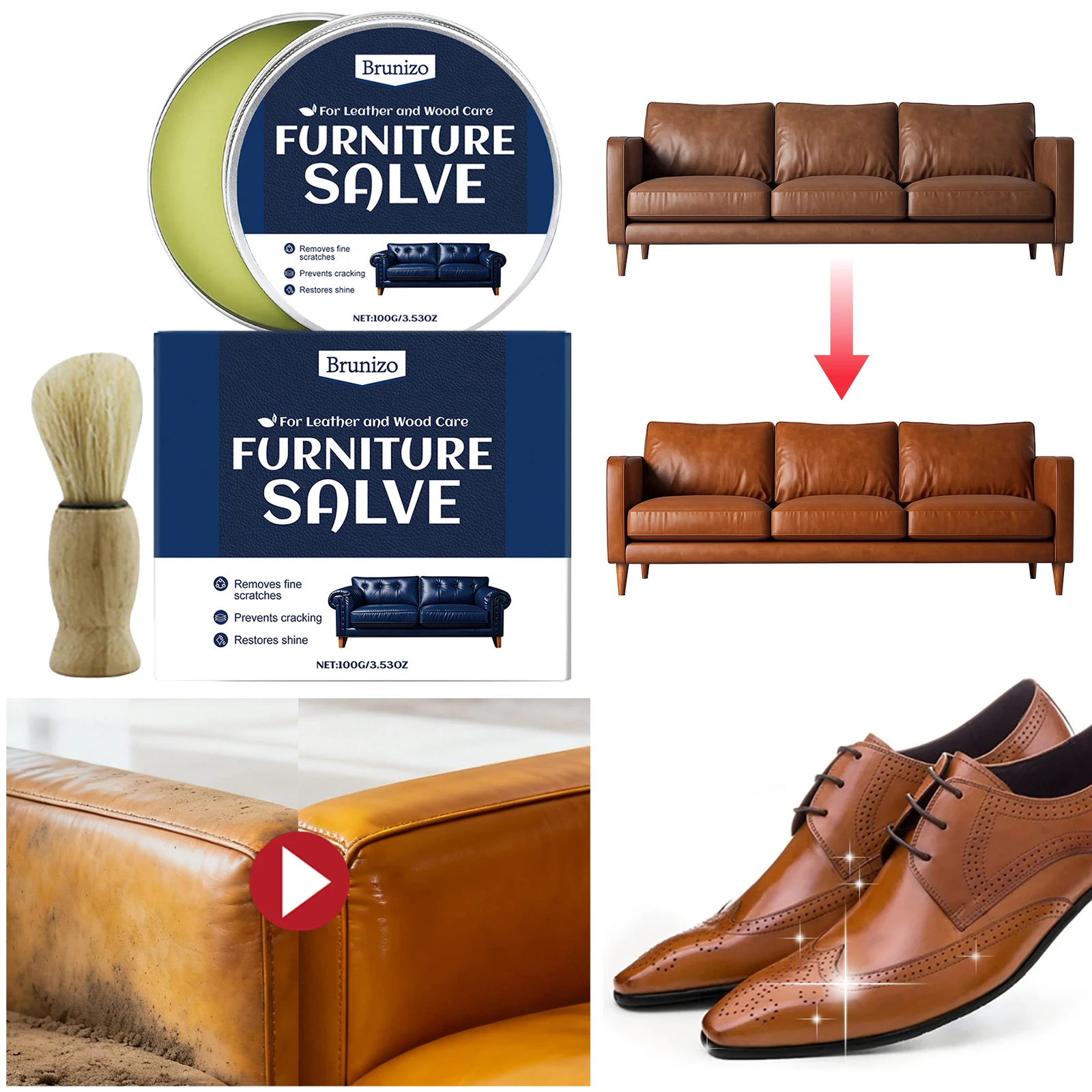 Polisher and Conditioner with Brush Polisher Moisturizer and Restorer 3.53oz Easy To Apply for Leather Couch Furniture