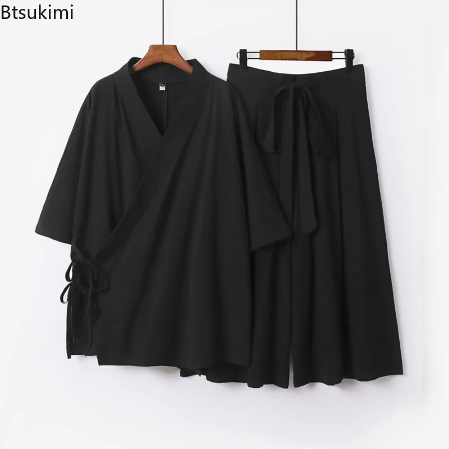 2025 Chinese Style Men's Linen Suit Tang Style Zen Style Hanfu Taoist Long Robe Top Pants Cotton and Linen Loose Two-piece Set
