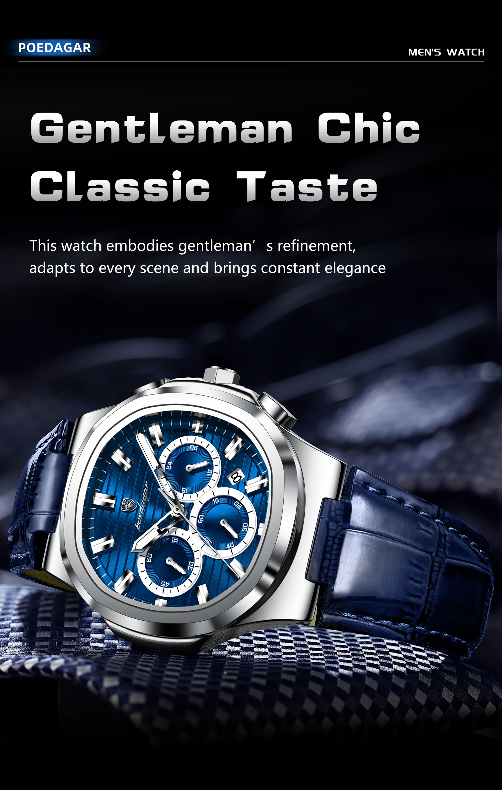POEDAGAR Business-Herrenuhr Leder Wasserdicht Leuchtend Sport Herrenuhr Datum Chronograph Quarz Mode Herrenuhren Reloj – Detail 6