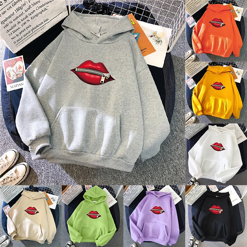 2024 Autumn Winter Hoodies Sportwear Women's Hoodie Pullover Sweatshirt Stylish Lip Print With Thick Long Sleeves Tops Loose