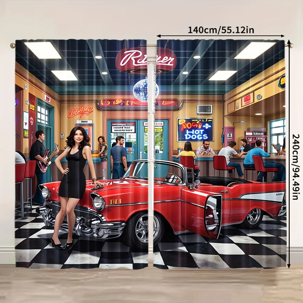 2pcs Retro Diner Curtains Vintage Car Print Blackout Drape Living Room Bedroom Window Treatment Home Decor