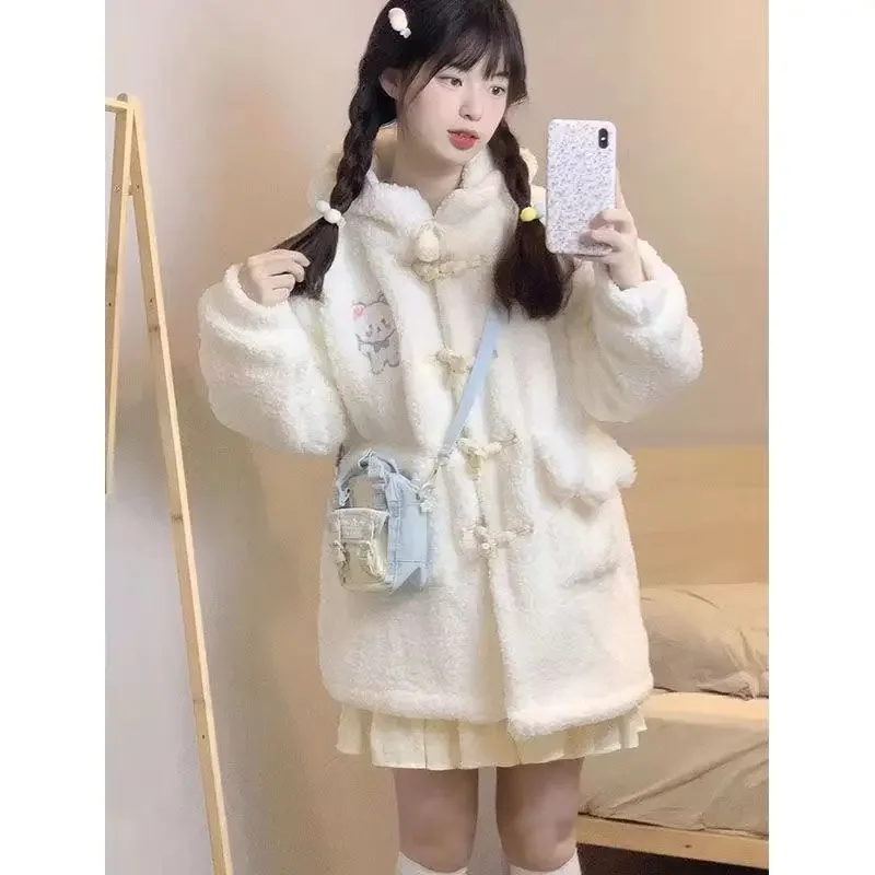 MAGOGO Winter Kawaii Embroidered Bear Wool Coat Women Loose Japanese Sweet Lolita Outwear Jacket Warm Cute Hoodies Overcoat